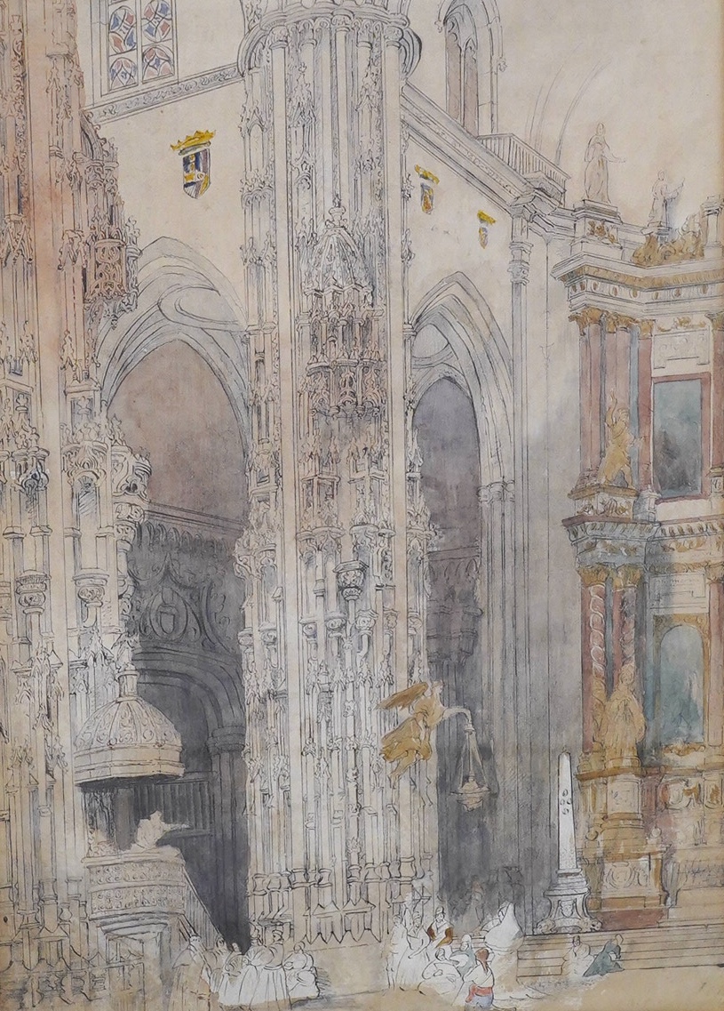 Manner of Samuel Prout (1785-1852), ink and watercolour, Ecclesiastical scene, interior of a cathedral, unsigned, 39 x 26cm. Condition - fair